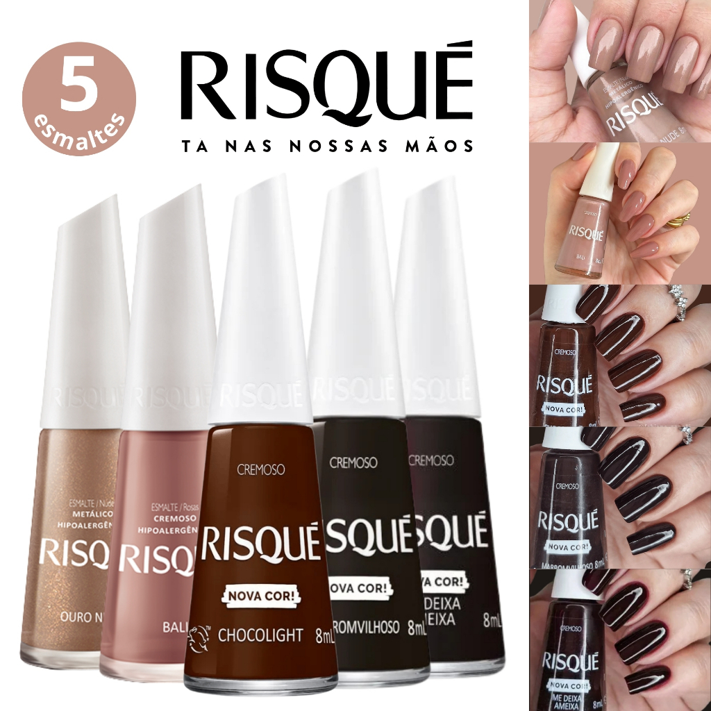 Kit Esmaltes Risqué 5 Cores Tons Nudes Marrons Chocolate Esmalte Atacado 8ml