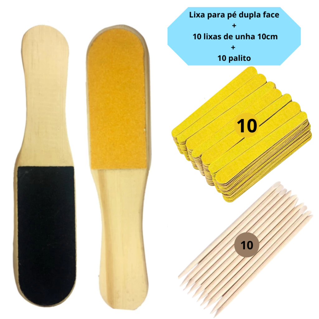 Lixa para pé dupla face + 10 lixas de unha 10cm + 10 palito em Oferta na Shopee