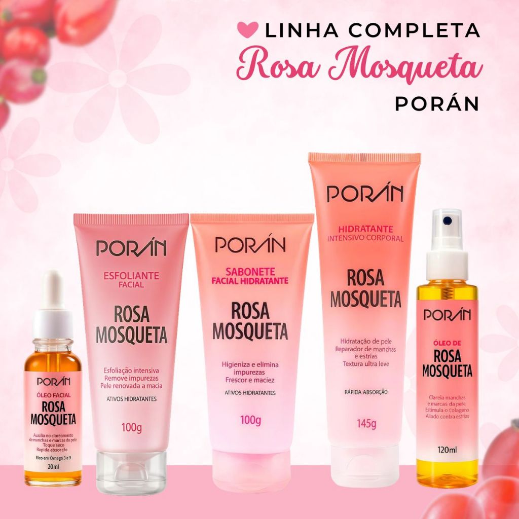 Kit Cuidado Com A Pele Escolha O Seu Porán Rosa Mosqueta - Hidratante, Sabonete Líquido, Esfoliante, Óleo Facial e Óleo