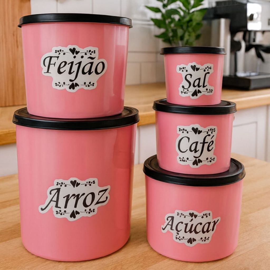 Kit Conjunto 5 Potes de Mantimentos Plástico Decorado Coração Porta Alimentos para Cozinha em Oferta na Shopee