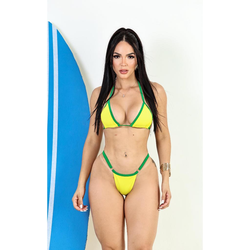 Biquini Brasil Fita Cortininha Bicolor Fio Dental Copa Bronze Premium