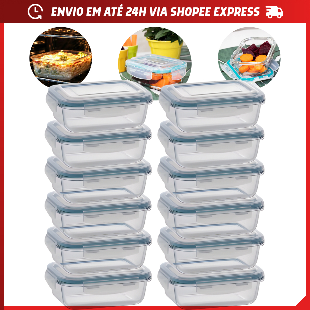 Conjunto com 12 ou 6 Potes Vidro Hermético Mantimentos Marmita 630ml 1040ml Freezer Forno Microondas em Oferta na Shopee