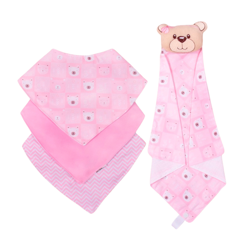 Kit 4 Peças Babador Ursinhos  + Naninha com Prendedor de Chupeta para Bebê