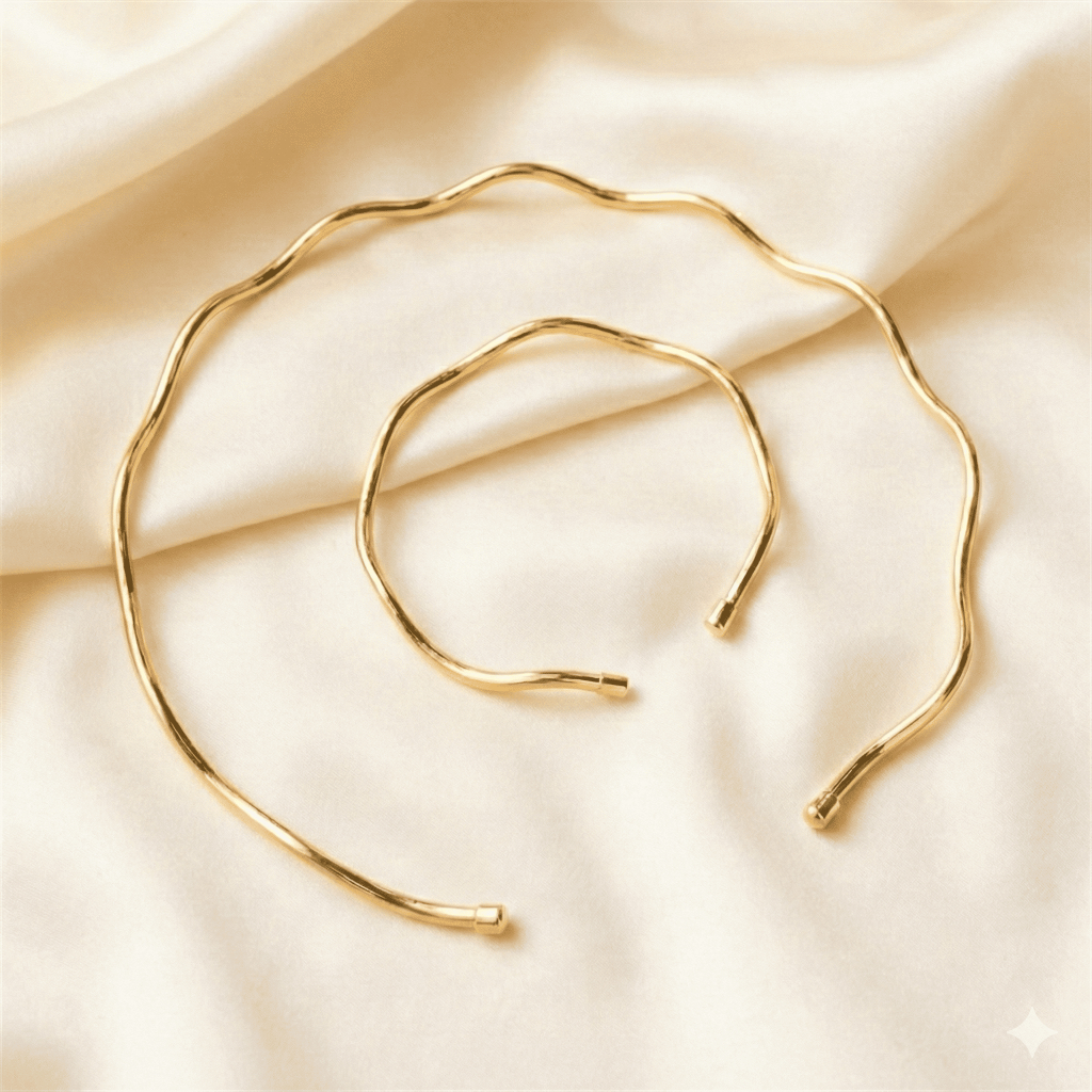 Choker e Pulseira Minimalista Ondulado Ajustável - Dourado e Prata