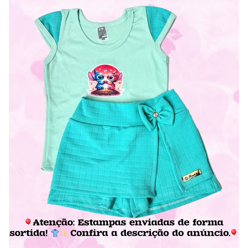 kit Blusinha e SHORT saia VERDE Infantil Moda Verão Menina Confortavel Estampa Aleatoria