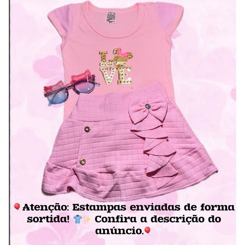 Conjunto Blusinha e SAIA Infantil ROSA moda Verão Menina Confortavel Estampa aleatoria
