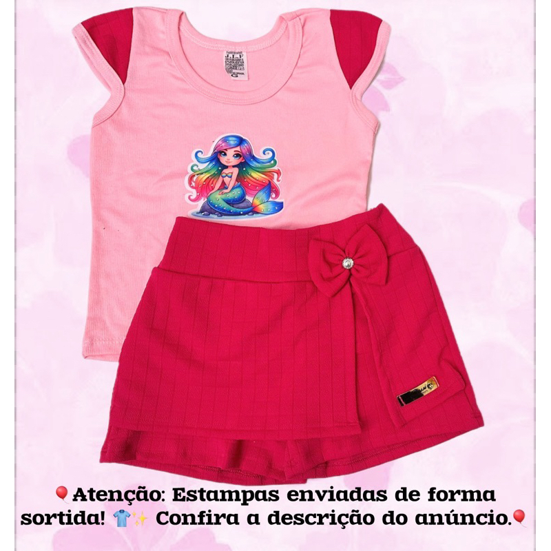 Kit Blusinha e SHORT saia PINK Moda Infantil Modelo Verão Confortavel Estampa Aleatoria