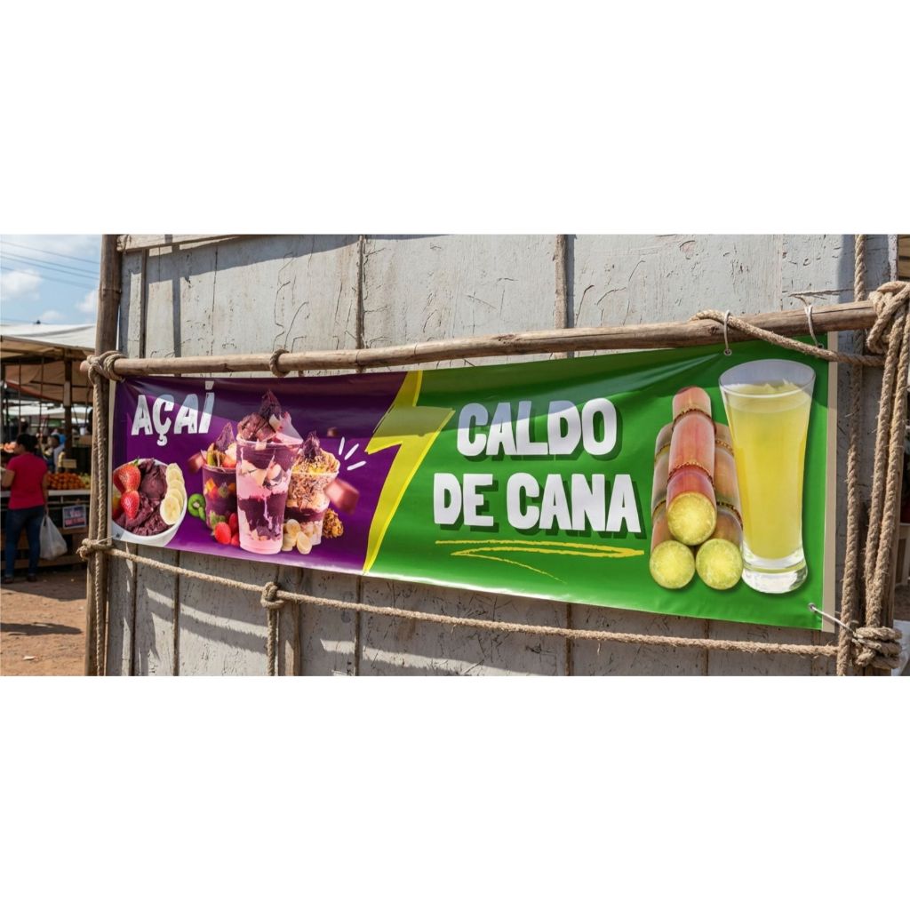 Lona Faixa Banner 2,0 mt x 50 cm Açaí Copo Barca Caldo de Cana Açúcar Feira Barraquinha