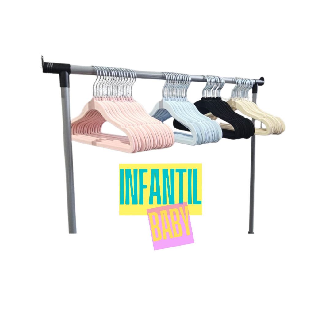 Kit 30 Cabides Infantis Baby de Veludo Antideslizante Azul, Rosa, Bege e Preto 29,5cm