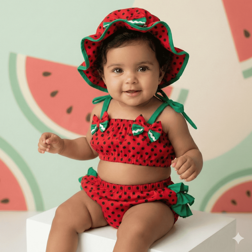 Banho De Sol Melancia Bebê Menina Conjunto Verão Praia Piscina Estampa Tropical Fofa Poá Kit Leveza