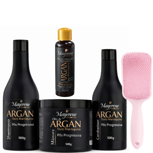 Tratamento Cuidados Pós Química Óleo de Argan Maycrene (Shamp + Cond + Másc + Óleo Umectante) + Escova Raquete