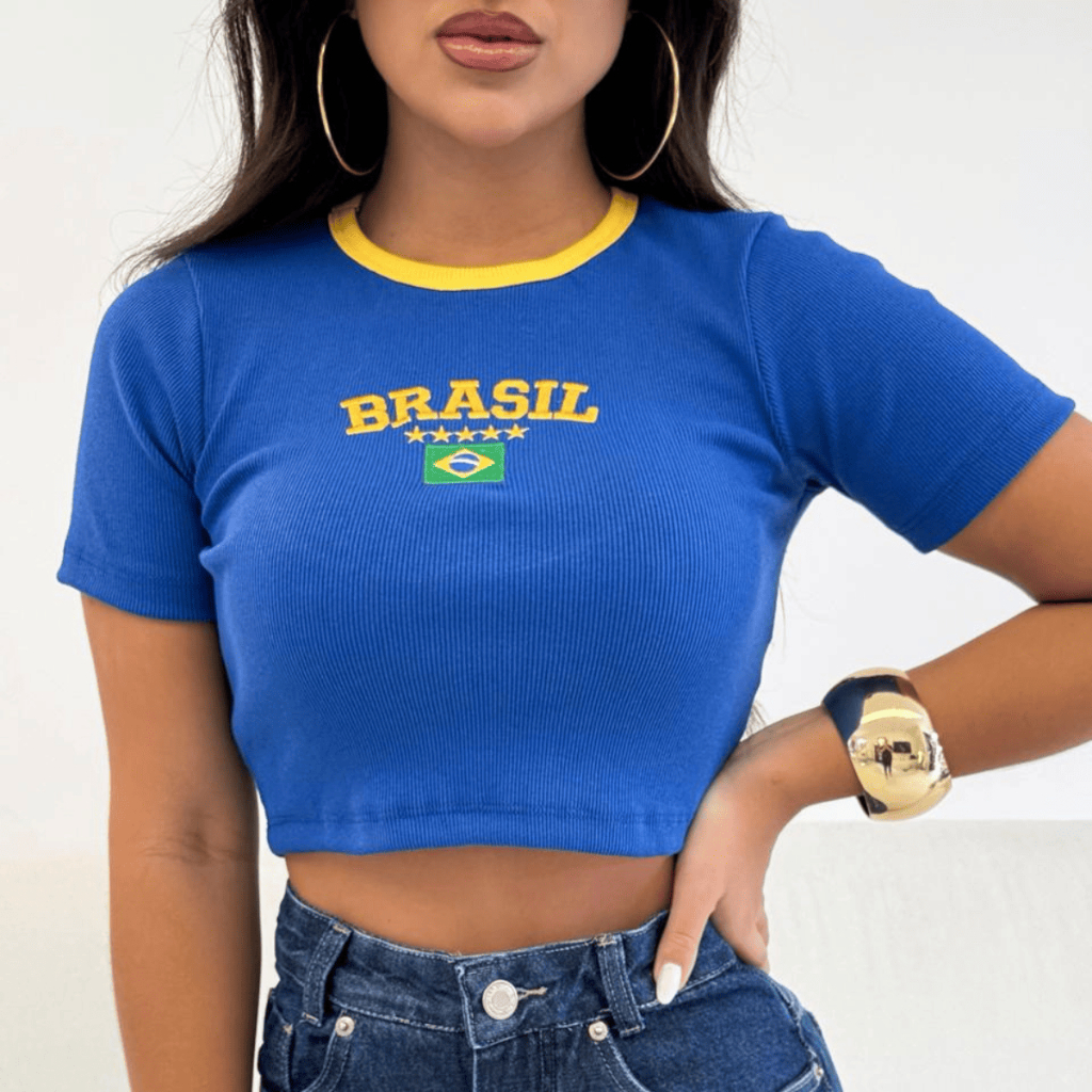 Cropped Feminino Brasil Copa 2026 | Blusa Amarela, Verde e Azul Seleção Brasileira Bordado