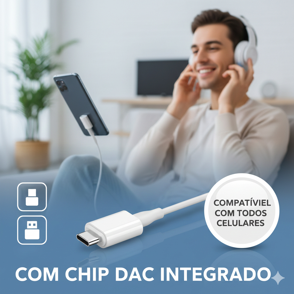 Adaptador Cabo Tipo-C para P2 Fone de Ouvido Celular Smartphone Universal Chip DAC Iphone15 Android