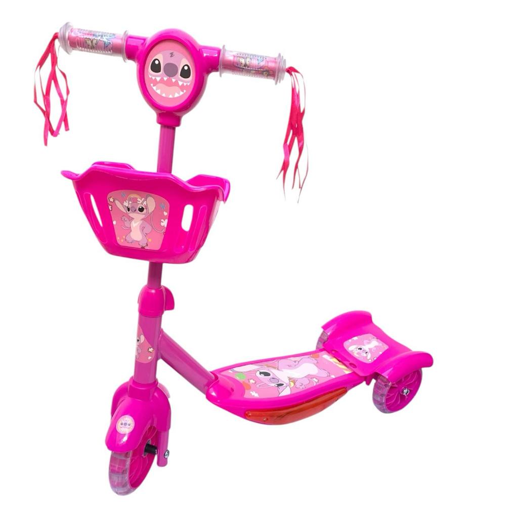 Patinete 3 Rodas Infantil Menina Ajustável Até 70CM Stitch Com Musical e Cesta e Freio Promoção