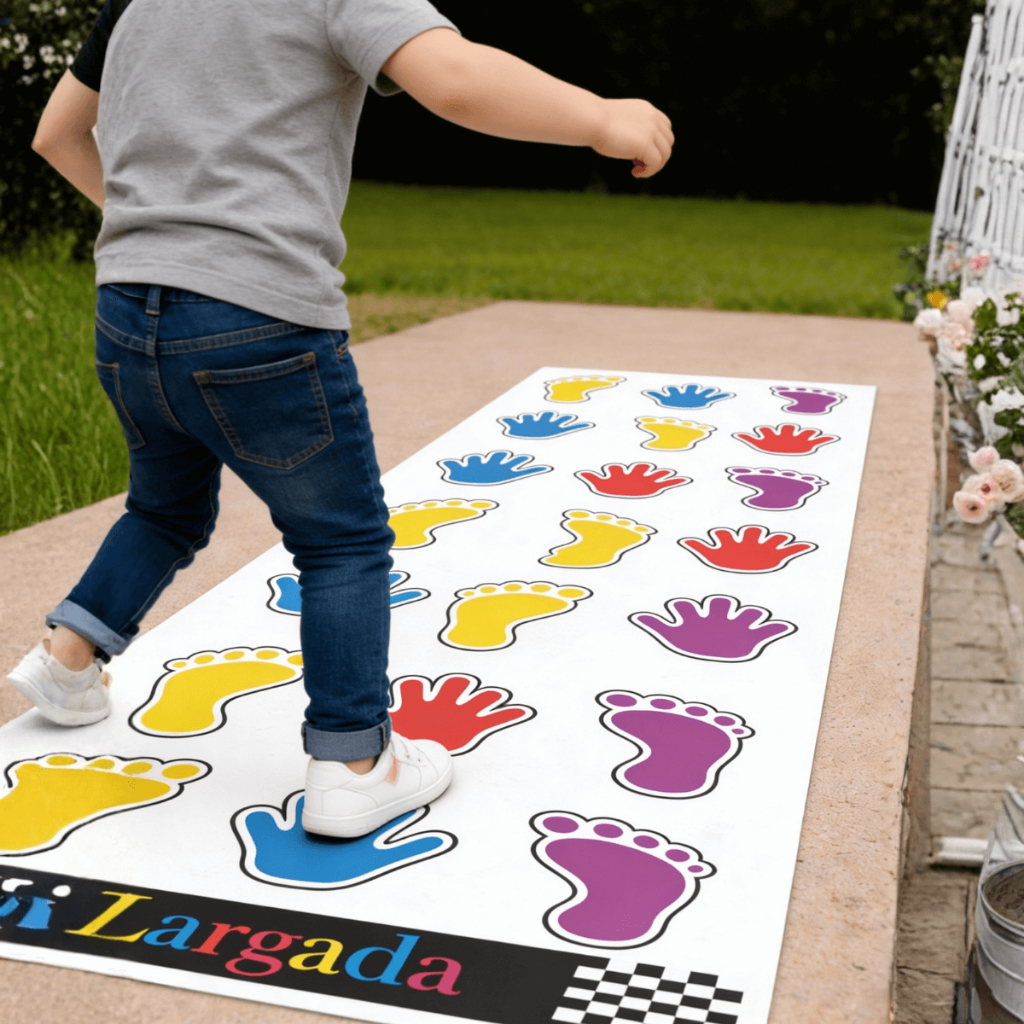 Tapete amarelinha infantil Mãos e Pés 77x200 cm em lona reforçada para brincar e aprender