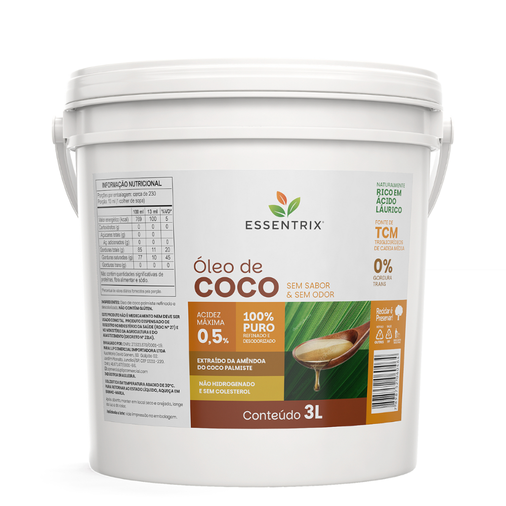 Óleo De Coco Sem Sabor Sem Glúten Sem Colesterol ESSENTRIX - Balde 3 Litros