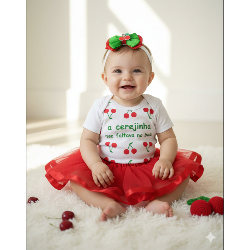 Body Bebê menina mesversárioTemático cereja frutinhas CEREJINHA QUE FALTAVA NO BOLO