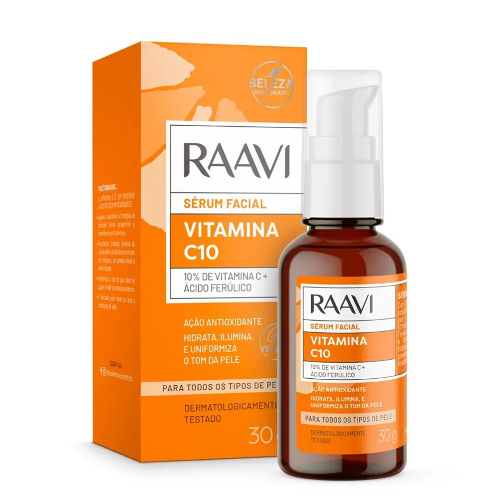 Vitamina C Facial Raavi 10% Sérum Anti-idade Clareia Manchas E Ilumina A Pele 30g