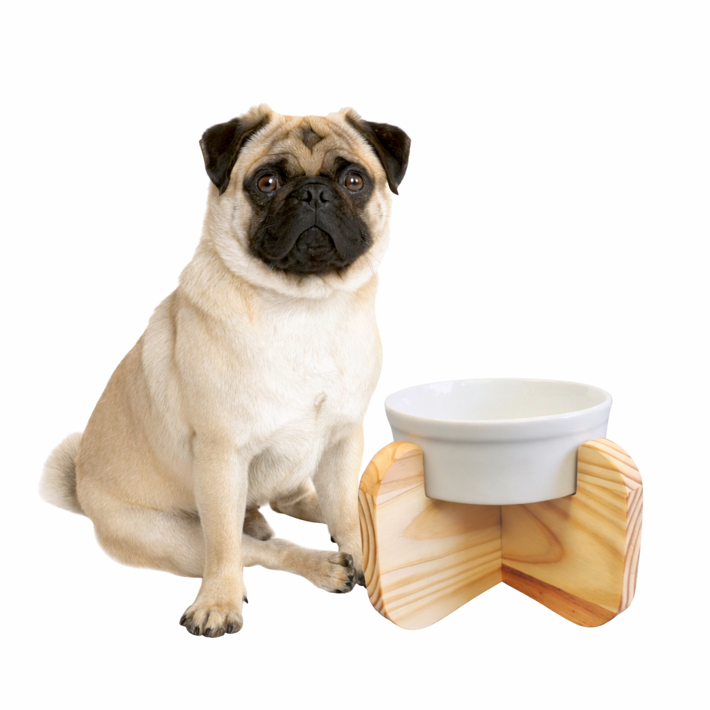 Comedouro elevado M alto para cachorro em madeira e porcelana - porte P/M