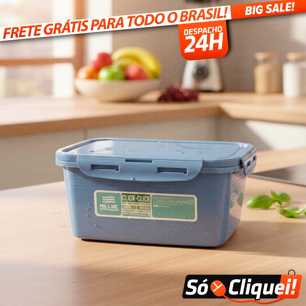 Pote Plástico Retangular Click Click Hermético Tampa Trava 1 Litro Nilluc Vai ao Freezer e Forno Microondas