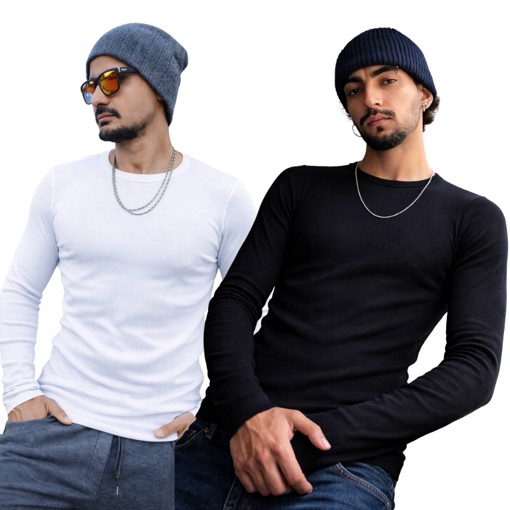 Camiseta Masculina Manga Longa Streetwear Básica – Moda Urbana Casual Preta / Branca / Azul