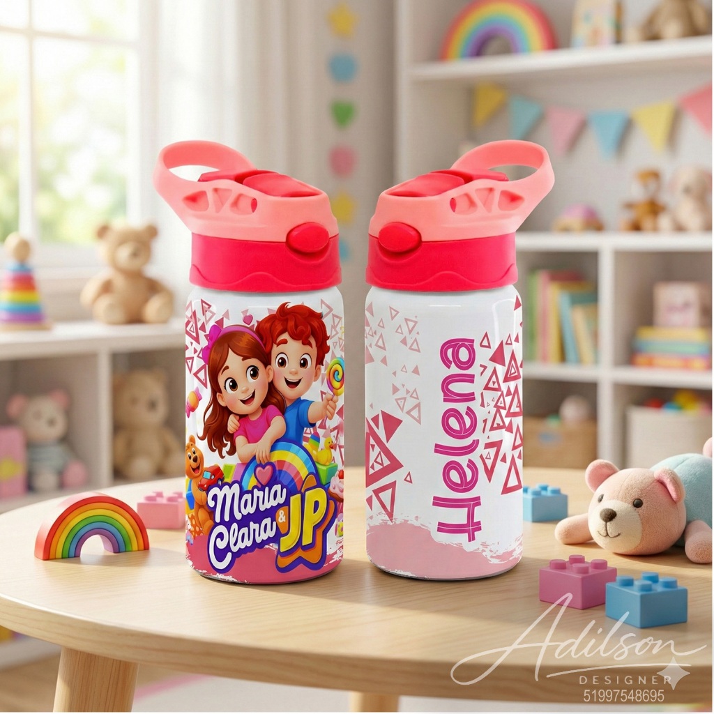 Garrafinha Squeezes Kids Infantil 500ml - Maria Clara e JP Arte Rosa - Personalize com o Nome da Criança
