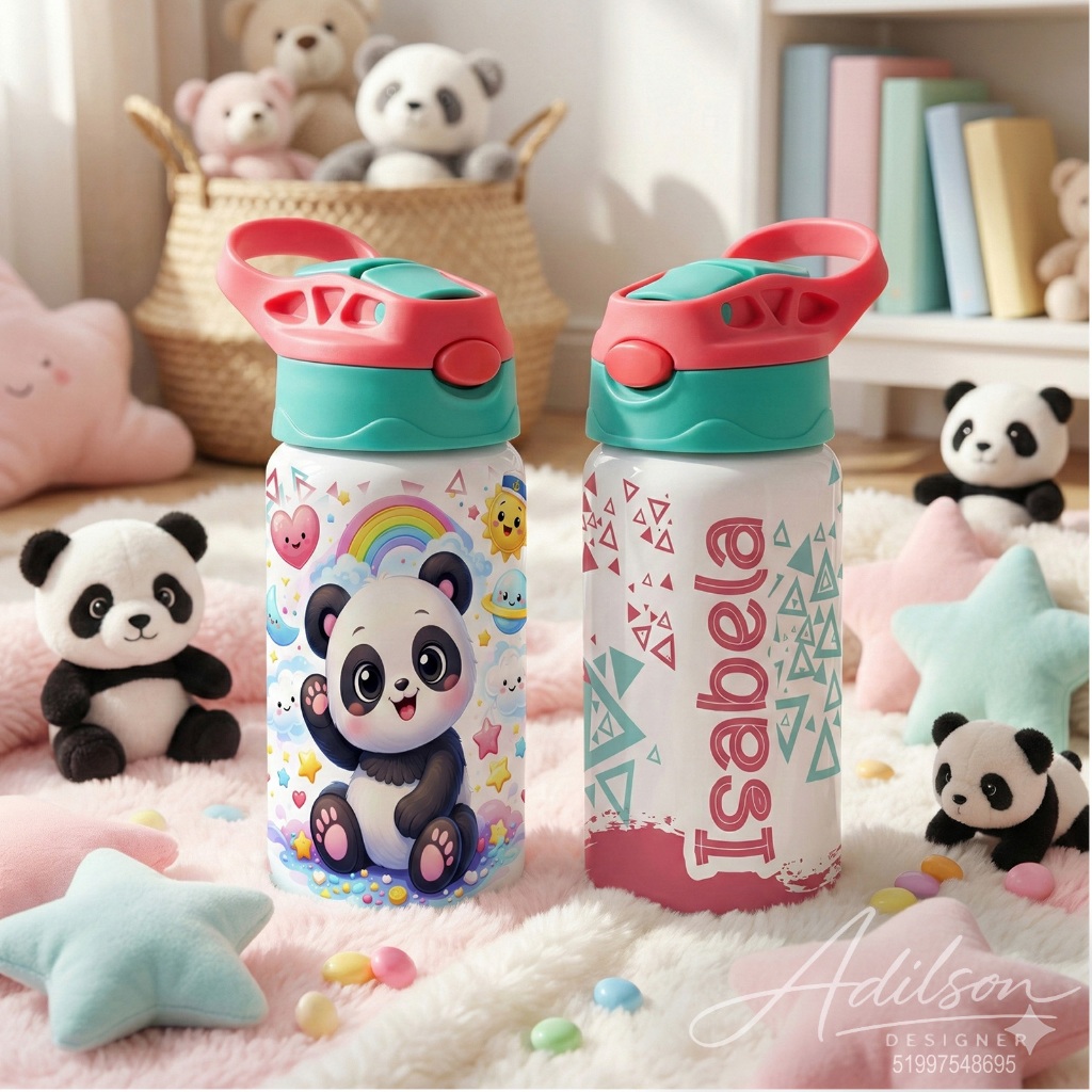 Garrafinha Squeezes Infantil Kids 500ml - Panda Puket - Personalize com o Nome da Criança