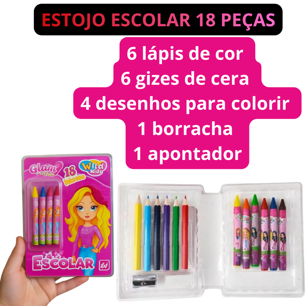 Estojo Infantil Escolar Glam Girl com 18 Peças, Embalagem prática e resistente, ideal para manter tudo no lugar