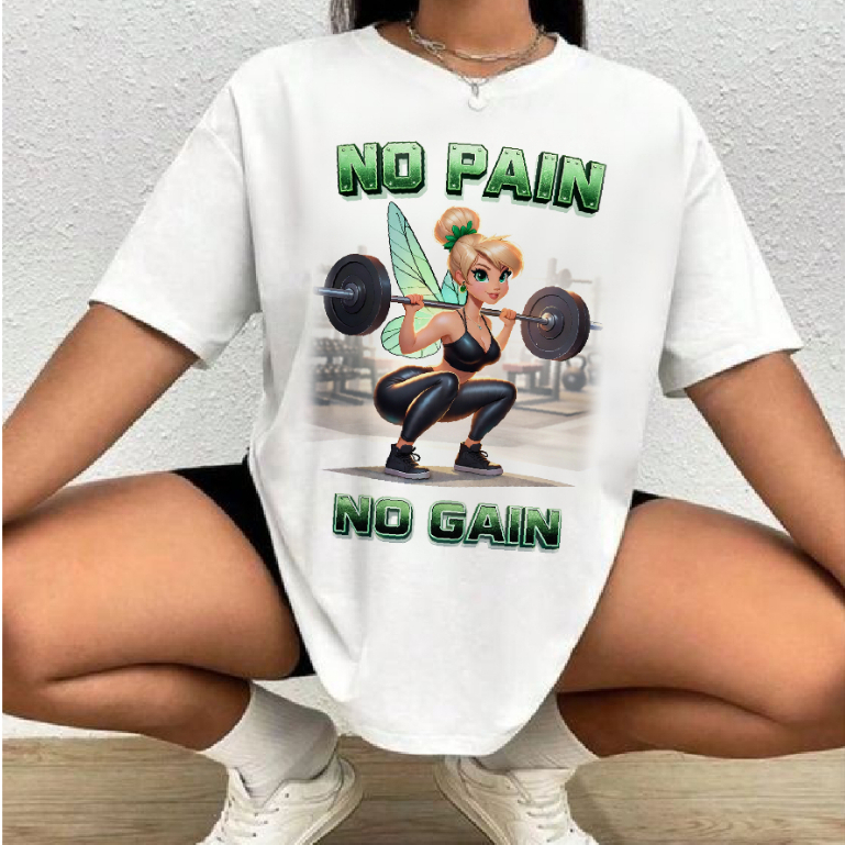 BLUSA CAMISETA ACADEMIA FADA SININHO MAROMBA, NO PAIN NO GAIN, t shirt feminina treino fitness plus size
