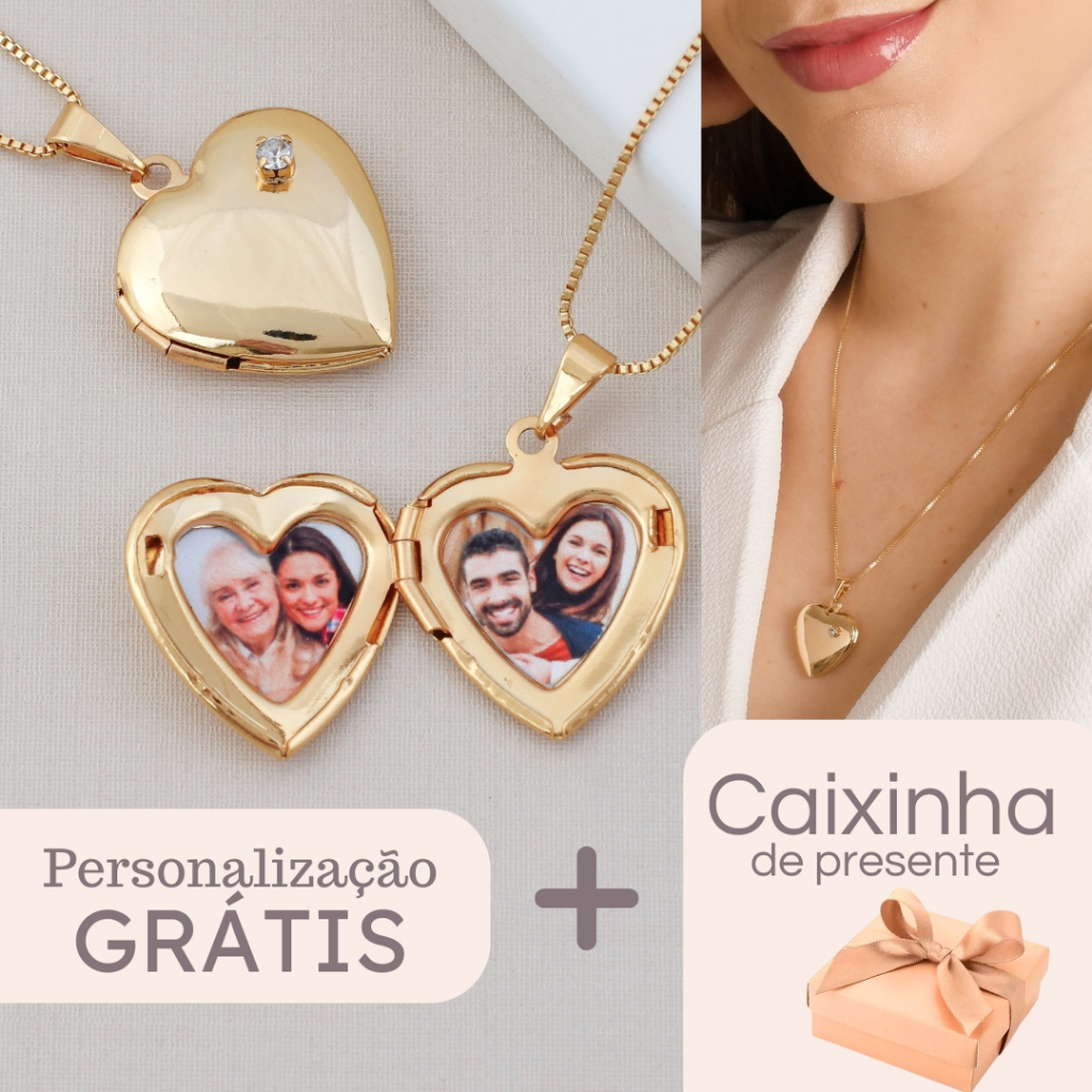 Colar feminino Pingente Relicário Coração com duas fotos personalizado presente mulher banhado ouro