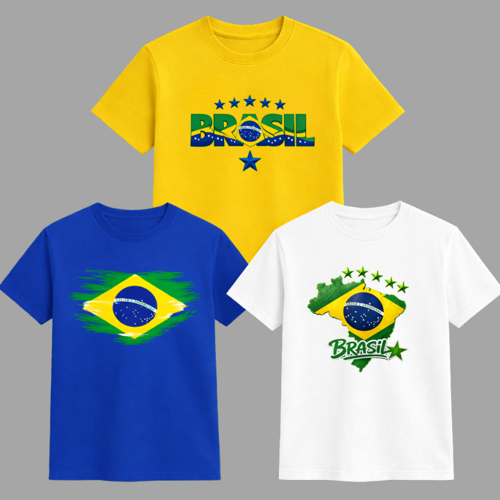 Kit 3 Camisetas Torcedor Copa do Mundo Futebol Seleção Brasil Algodão