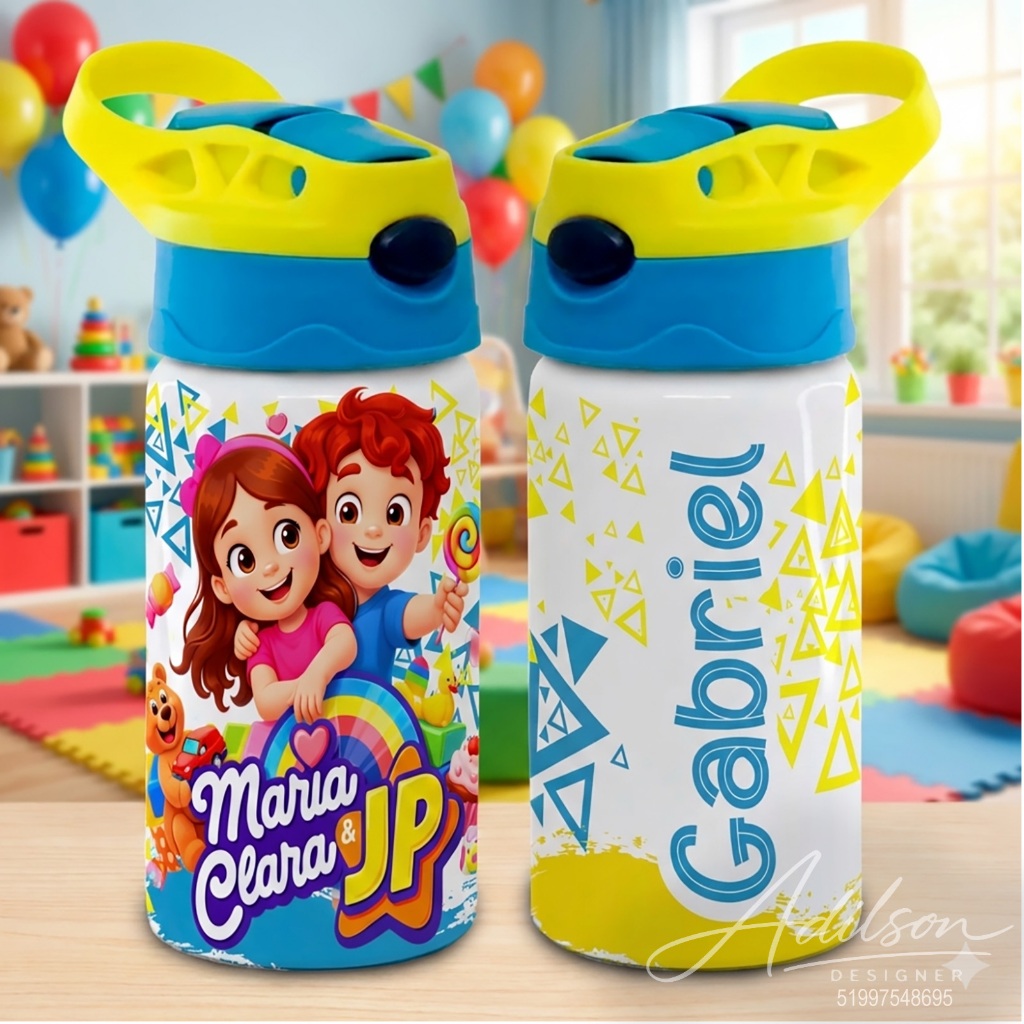 Garrafinha Squeezes Kids Infantil 500ml - Maria Clara e JP Arte Azul - Personalize com o Nome da Criança