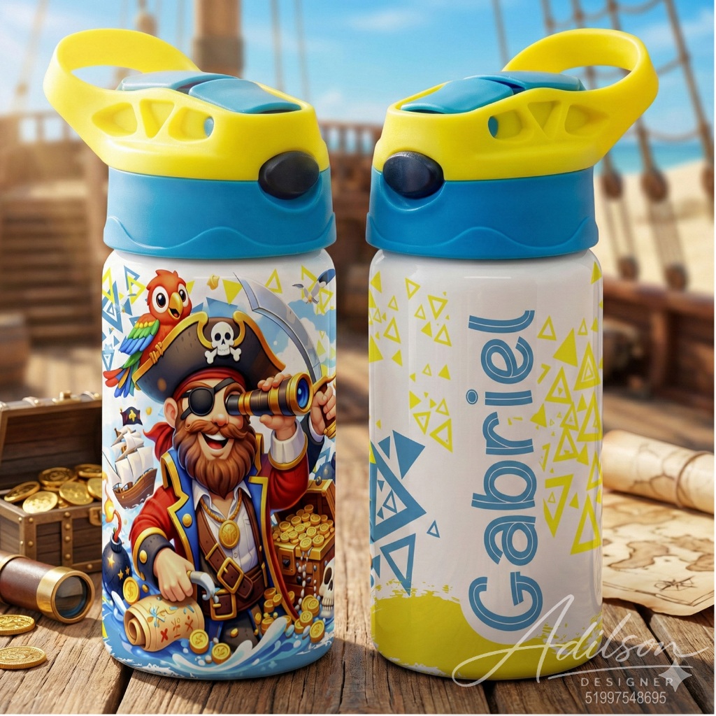Garrafinha Squeezes Infantil Kids 500ml - Pirata - Personalize com o Nome da Criança