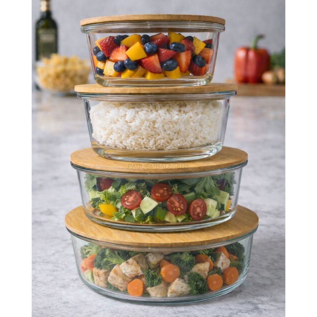 Kit Potes de Vidro Redondos com Tampa de Bambu – Armazenamento e Organização em Oferta na Shopee