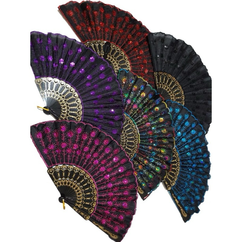 Kit 1/2/3/6 Leque de Mão Dobrável Chinês Borboleta/ Flor / Lantejoulas Ideal Para Carnaval e Calor em Oferta na Shopee