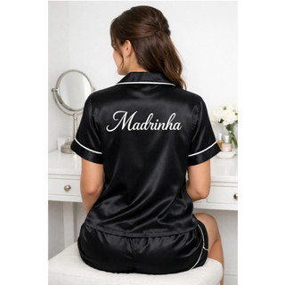Pijama Americano de Cetim com Elastano Bordado Personalizado Noiva Madrinha Casamento Dia da Noiva Shorts Manga Curta