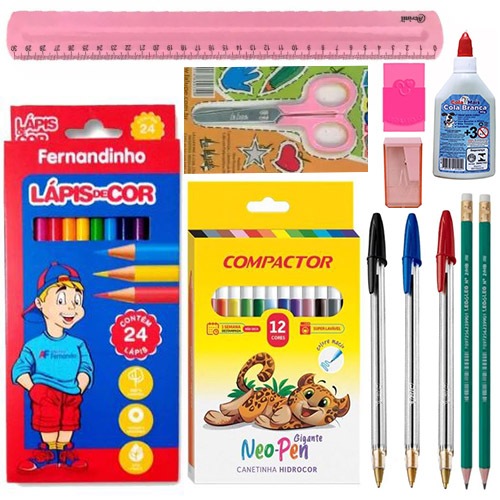 Kit 46 Peças Material Escolar Lapis 24 Cores Caneta Bic Regua Tesoura Juvenil Promoçao Presente