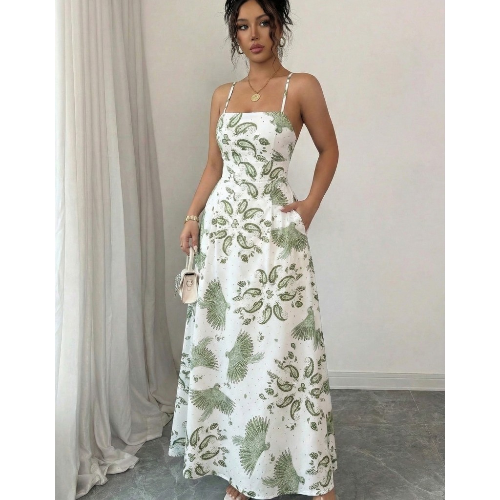 Vestido Longo Feminino Alcinha Fina Bojo Estampa Floral Tendência Verão em Oferta na Shopee