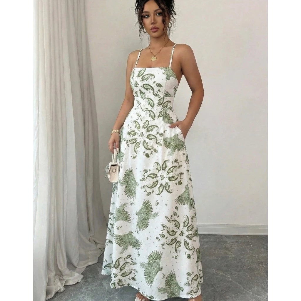 Vestido Longo Feminino Alcinha Fina Bojo Estampa Floral Tendência Verão
