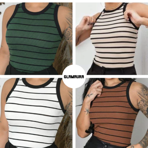 Kit 2 Camiseta Regata Feminina Listradas Canelada Nadador – Blusa Básica Ribana
