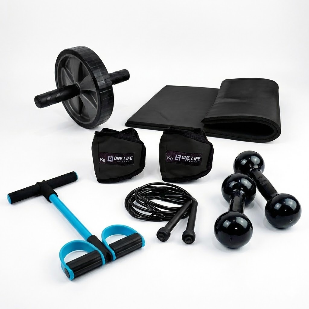 Kit | One Life Sports® – Colchonete + Caneleiras + Par Halter + Roda Abdominal + Extensor + Corda