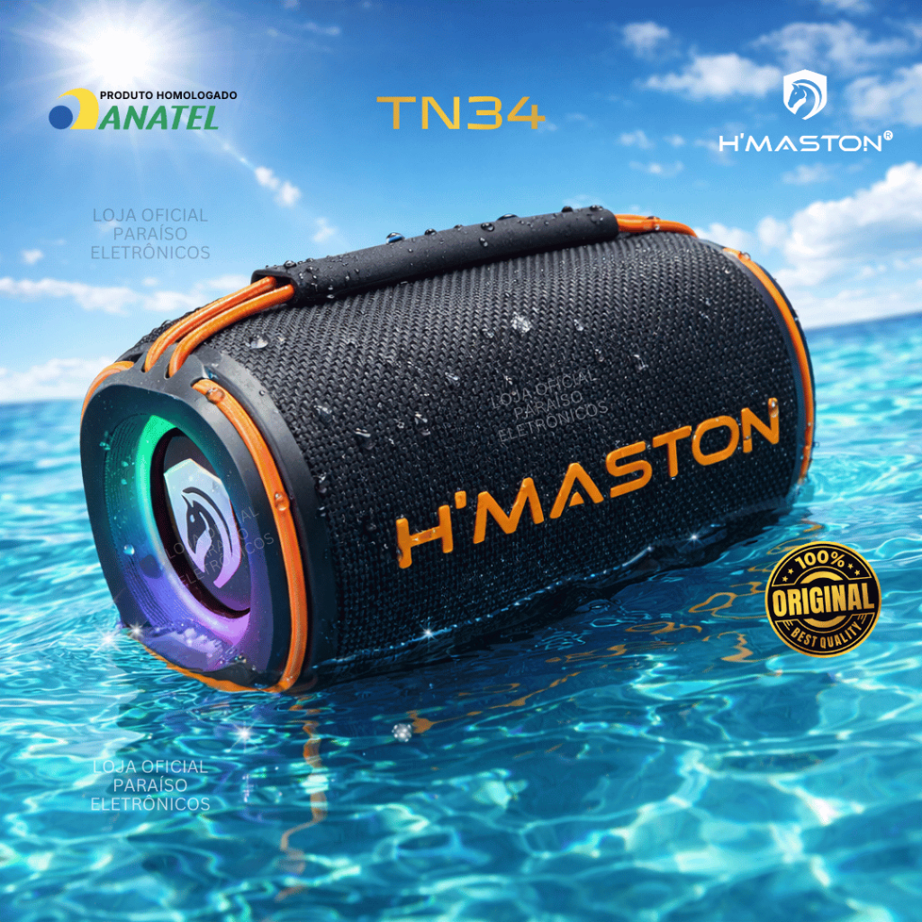 CAIXA DE SOM 20W Bluetooth Portátil H'MASTON TN34 PROVA D'ÁGUA POTENTE IPX6 Rádio FM TWS LED