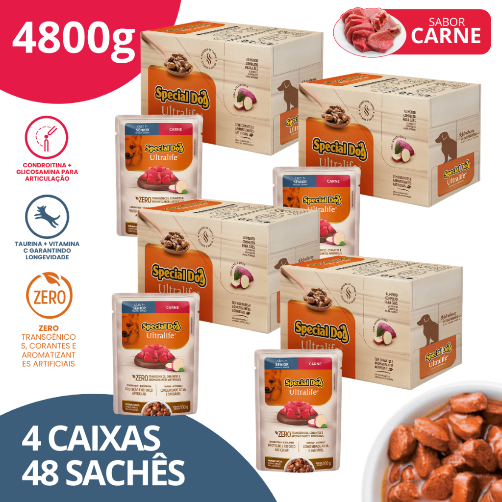 Kit 4 Caixa Sachê Sênior Sabor Carne 100g - Special Dog Ultralife em Oferta na Shopee