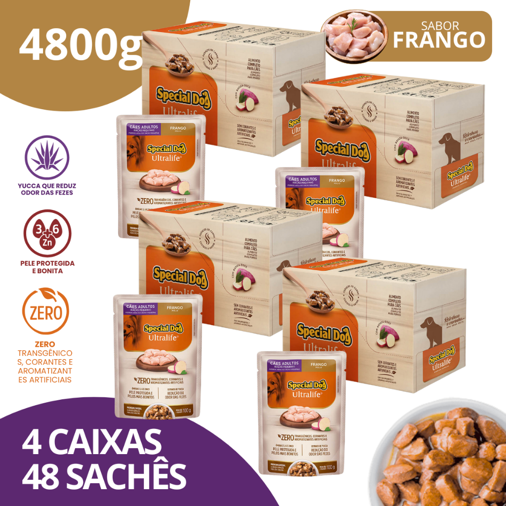 Kit 4 Caixa Sachê Adultos Raças Pequenas Sabor Frango 100g - Special Dog Ultralife