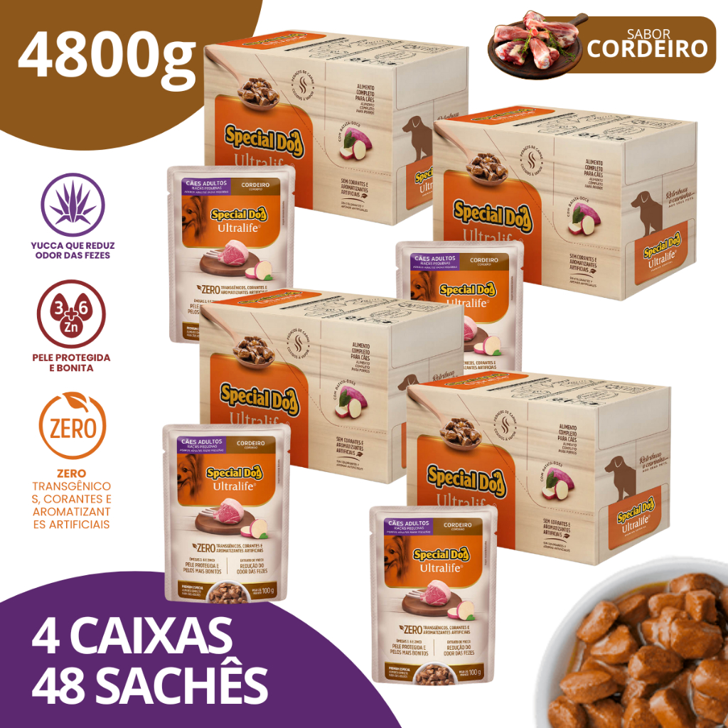 Kit 4 Caixa Sachê Adultos Raças Pequenas Sabor Cordeiro 100g - Special Dog Ultralife