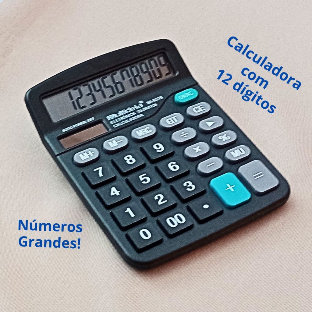 Calculadora Eletrônica Digital com Visor e Números Grandes de Mesa e Bancada com 12 dígitos à Pilha