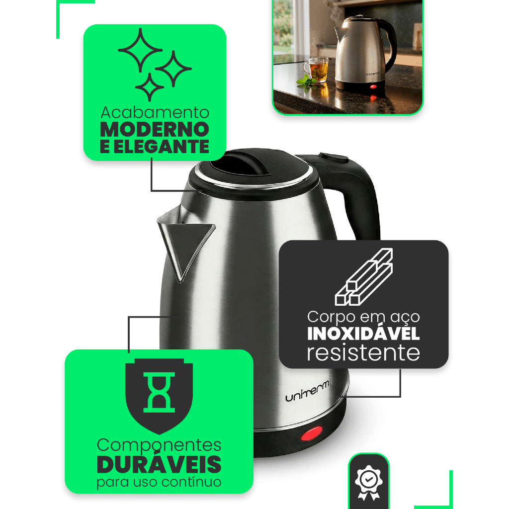 Chaleira Elétrica 1,8 Litros Térmica Inox Bule Com Tampa Ideal para Agua, Chá, Café e Chimarrão Com Base Giratória Chaleira Elétrica 1,8 Litros Térmica Inox Bule Com Tampa Ideal para Agua, Chá, Café e Chimarrão Com Base Giratória