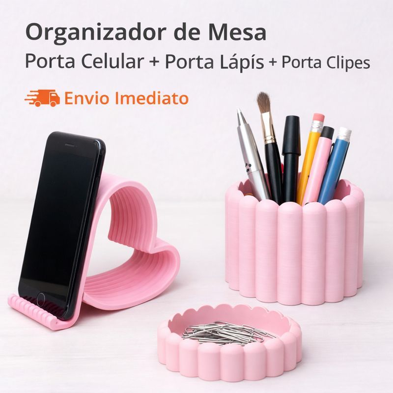 Organizador de Mesa Porta Celular + Porta Canetas/Lápis + Porta Trecos/Clipes (Maquiagem e Escritório)
