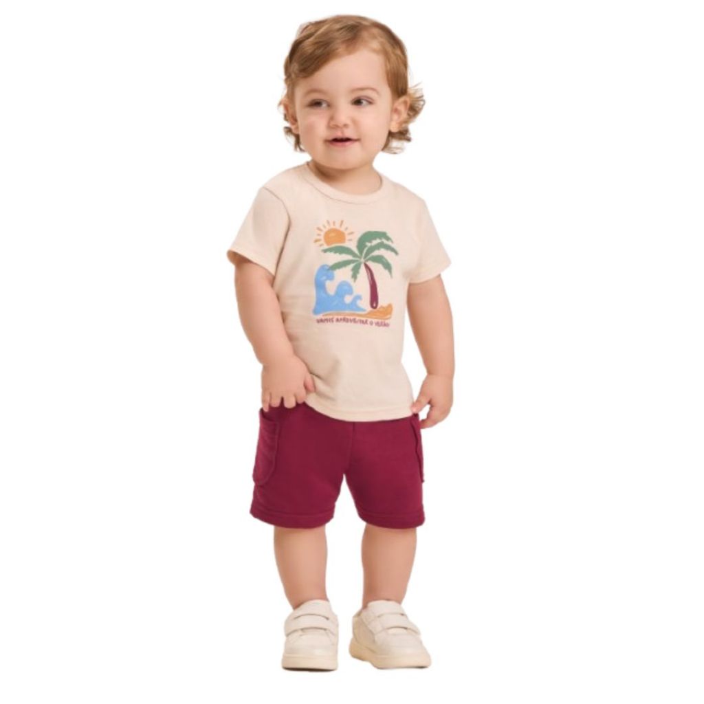 Conjunto Infantil Menino Dila Verão Camiseta Algodão Estampada e Bermuda de Moletinho Conforto Casual