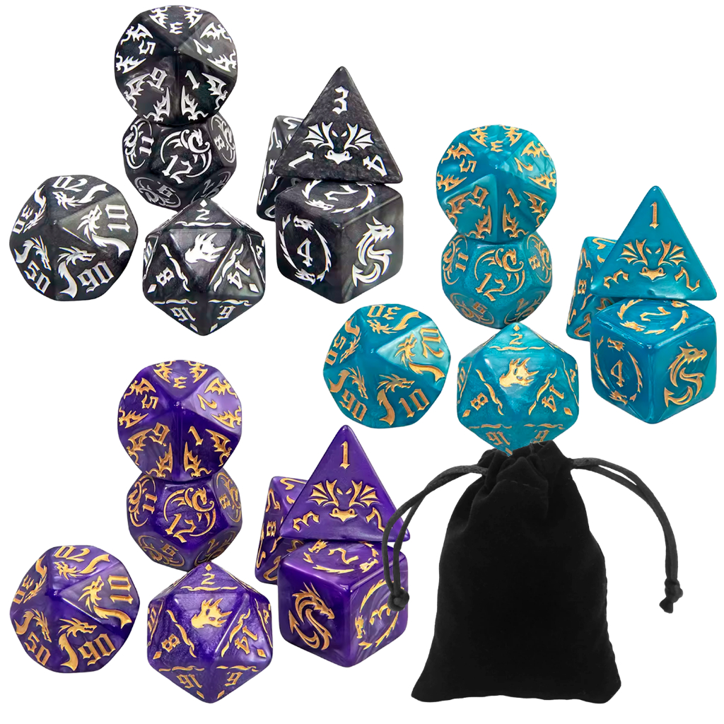 Kit 7 Dados Rpg de Mesa Runas Dragão D4 D6 D8 D10 D10% D12 D20 Boardgame Tormenta Mestre Vampiro